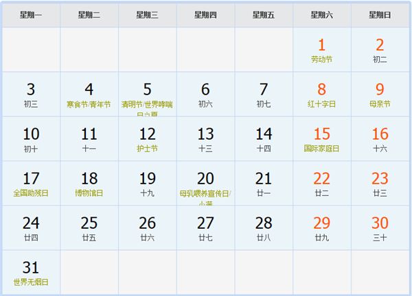1965年5月日历表 1965年5月日历表