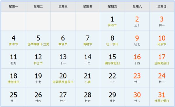 1992年5月日历表 1992年5月日历表