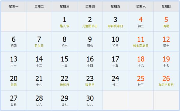 1992年4月日历表 1992年4月日历表