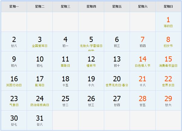1992年3月日历表 1992年3月日历表