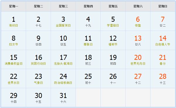 2010年3月日历表 2010年3月日历表