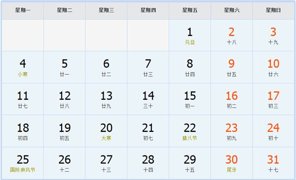 2010年1月日历表 2010年1月日历表