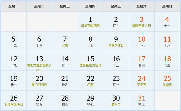 2022年12月日历表 2022年12月日历表